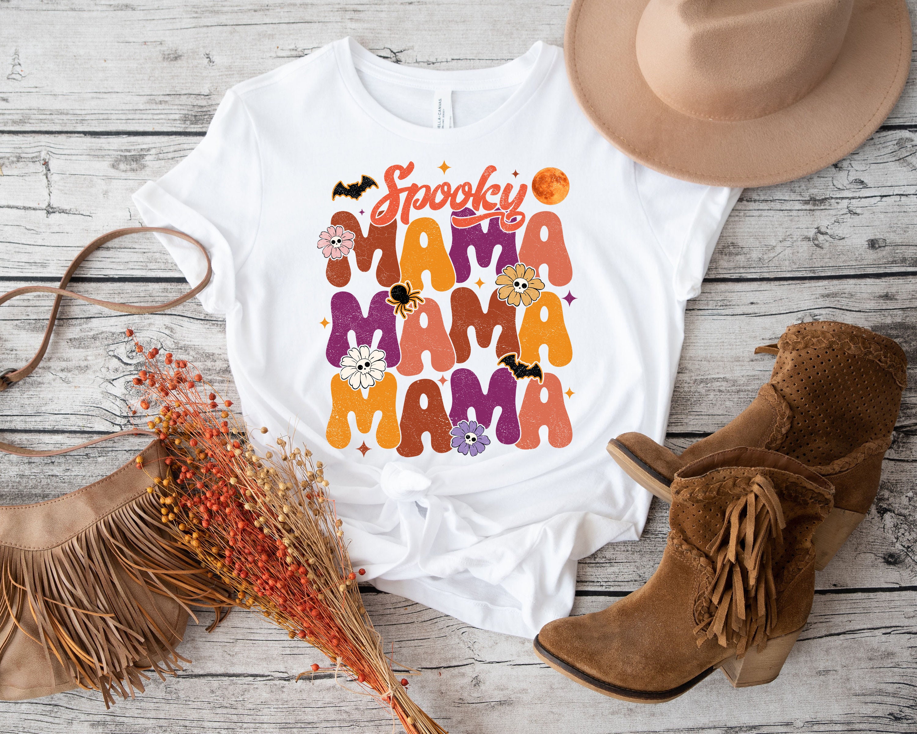 Discover Spooky Mama Shirt, Vintage Mom Halloween Shirt, Autumn Season Shirt, Halloween Mom Shirt, Halloween Shirt, Spooky Shirt, Fall Gift For Mom