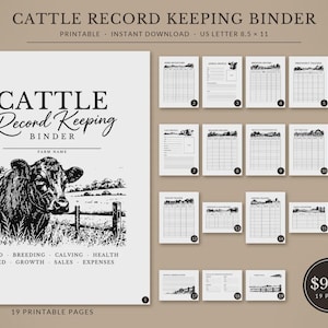 May include: A printable cattle record keeping binder set featuring 19 pages in US letter 8.5 x 11 inch format. The cover displays a black and white illustration of a cow in a field with the text CATTLE RECORD KEEPING BINDER.