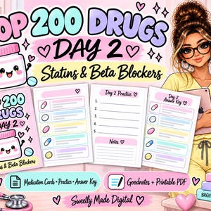 Può includere: Una guida di studio digitale intitolata Top 200 Drugs Day 2 Statins & Beta Blockers con un personaggio dei cartoni animati in divisa medica gialla, un'illustrazione di un flacone di pillole rosa, fogli di pratica, chiavi di risposta, stetoscopio e libri.