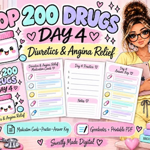 Può includere: Una guida di studio digitale intitolata Top 200 Drugs Day 4 Diuretics & Angina Relief con un personaggio in divisa gialla, schede sui farmaci, fogli di esercizi, chiavi di risposta, uno stetoscopio rosa e libri impilati con etichetta.