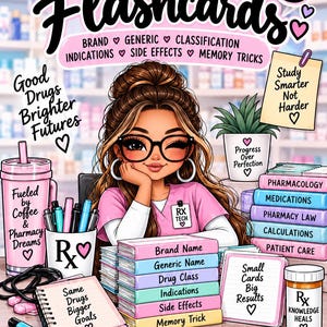 Può includere: Guida allo studio Top 200 Drug Flashcards con un personaggio dei cartoni animati in una casacca rosa. L'immagine include pile di libri colorati etichettati con argomenti di farmacia, un bicchiere rosa, un portapenne e note di studio con testo motivazionale.