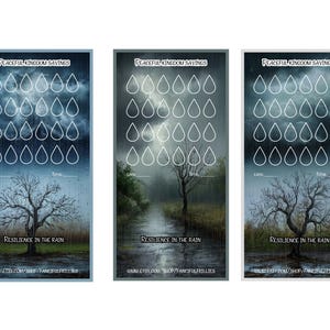 Könnte beinhalten: Drei vertikale rechteckige Drucke mit Naturmotiv. Jeder Druck zeigt eine regnerische Landschaft mit einem kahlen Baum am unteren Rand und einer Reihe von Tropfenformen am oberen Rand. Der Text enthält "Peaceful Kingdom Savings" und "Resilience in the Rain."