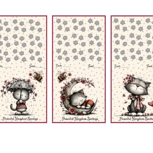 Könnte beinhalten: Drei rechteckige Spar-Tracker mit cremefarbenem Hintergrund, Pfotenabdruck-Mustern und dem Text "Peaceful Kingdom Savings". Jede Karte zeigt Illustrationen von Katzen, Bienen und Blumen sowie Felder mit der Beschriftung "Each:" und "Total:" zur Verfolgung des Sparfortschritts.