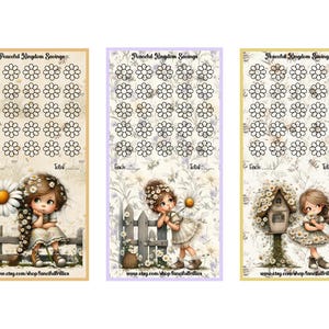 以下が含まれることがあります： 「Peaceful Kingdom Savings」のテキストが入った、花をテーマにした3つの貯蓄トラッカー。各トラッカーには、貯蓄目標を追跡するためのデイジーの花のグリッドがあります。各トラッカーの下部には、花を持つ女の子の気まぐれなイラストがあります。