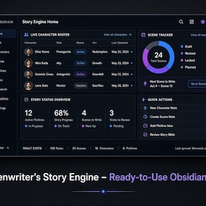 May include: A dark-themed digital dashboard titled Obsidian Story Engine Home, featuring a live character roster, a scene tracker with a circular progress chart, a story status overview with percentage metrics, and a quick actions menu for writers.