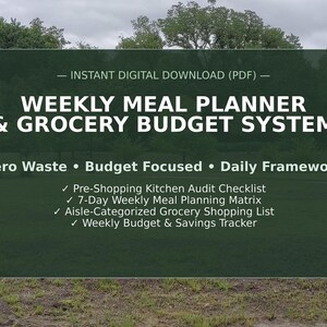 Könnte beinhalten: Ein digitales PDF-System zur wöchentlichen Essensplanung und Budgetierung mit dem Text: Instant Digital Download, Weekly Meal Planner & Grocery Budget System, Zero Waste, Budget Focused, Daily Framework und vier enthaltenen Funktionen.