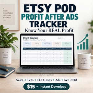 Könnte beinhalten: Ein Laptop zeigt ein Dashboard zur Nachverfolgung von Etsy POD-Gewinnen nach Werbekosten. Der Bildschirm enthält Spalten für Datum, Produkt, Verkäufe, Gebühren, POD-Kosten, Werbung und Nettogewinn. Der Text lautet 'Know Your REAL Profit'.