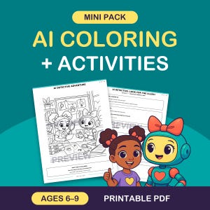 Può includere: Un mini pacchetto digitale di pagine da colorare e attività IA con una bambina e un robot. Il PDF stampabile include un foglio da colorare a tema investigativo con una lente d'ingrandimento e impronte, oltre a una pagina di attività per 6-9 anni.