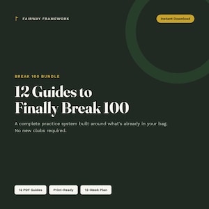May include: A dark green digital graphic titled Fairway Framework Break 100 Bundle. It features the text 12 Guides to Finally Break 100, A complete practice system built around what's already in your bag. No new clubs required. Includes Instant Download button.