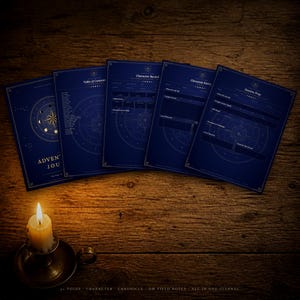 May include: A set of five dark blue adventure journal pages featuring gold celestial graphics, a compass rose, and moon phases. The pages include headers for Table of Contents, Character Record, Chronicle Entry, and Session Prep with blank lines.