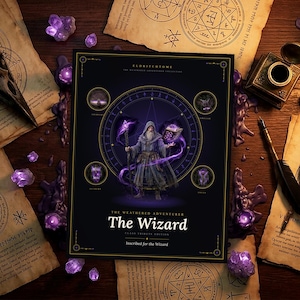 Pode incluir: Uma capa de livro retangular preta intitulada The Wizard, apresentando uma ilustração central de uma figura de manto segurando um cajado e um livro brilhante. O design inclui ícones circulares, bordas douradas e efeitos de energia mágica roxa.