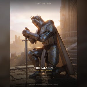 Op de afbeelding: Een ridder in zilveren harnas knielt terwijl hij een zwaard vasthoudt, met de tekst ELDRITCHTOME, THE PALADIN, CLASS TRIBUTE EDITION, ADVENTURER'S JOURNAL, Sworn In Steel, Sealed In Light en THE WEATHERED ADVENTURES COLLECTION.