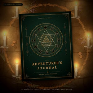 May include: A dark green digital journal titled The Adventurer's Journal with gold geometric symbols, a central star, and planetary icons. The cover features the text Eldritchtome, The Adventurer's Journal, and One Tome - Any Class - Every Session.