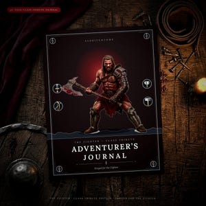 May include: A rectangular journal titled ADVENTURER'S JOURNAL, Forged for the Fighter, featuring a central illustration of a muscular warrior holding a large battle axe. The cover includes small circular icons of weapons and the text ELDRITCHTOME.
