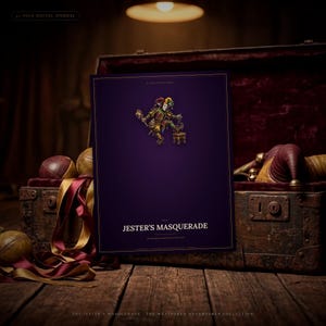 May include: A rectangular digital journal cover in deep purple with a gold-bordered frame. The center features a detailed illustration of a jester in green and gold attire. Text reads 91-PAGE DIGITAL JOURNAL and THE JESTER'S MASQUERADE.
