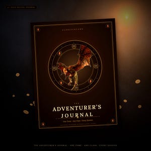 May include: A dark brown digital journal cover titled The Adventurer's Journal with the text Eldritchtome at the top. The center features a circular emblem containing a winged dragon illustration, surrounded by small icons and gold-colored accents.