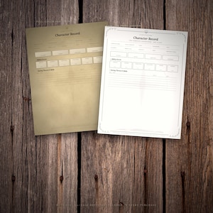 May include: Two character record sheets for tabletop roleplaying games. One sheet is printed on tan parchment-style paper, and the other is a white low-ink version. Both feature fields for character name, class, level, and ability scores.