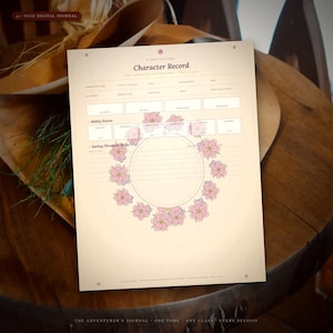 May include: A cream-colored character record sheet for a tabletop role-playing game featuring a central circular frame surrounded by pink floral illustrations. The document includes fields for character name, class, level, and ability scores.