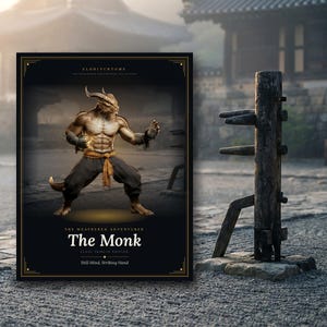 May include: A rectangular poster titled Eldritchtome The Weathered Adventurer Collection The Monk Class Tribute Edition Still Mind, Striking Hand. It features a scaly, horned humanoid creature in a martial arts stance wearing dark pants and a gold sash.