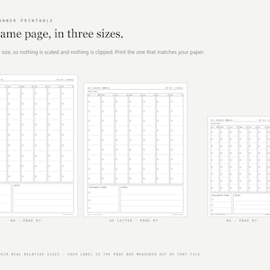 May include: A 2027 planner printable set featuring three different page sizes: A4, US Letter, and A5. Each page displays a weekly grid layout with sections for tasks and notes. The text reads: 2027 PLANNER PRINTABLE, The same page, in three sizes.