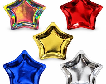 May include: Five star-shaped plates with a metallic finish. The top left plate is iridescent, the top right is red, the center is gold, the bottom left is blue, and the bottom right is silver. Each plate features a raised rim and a smooth, reflective surface.