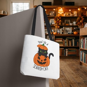 Halloween Cat Tote Bag, Scaredy Cat Pumpkin Tote, Cute Spooky Cat Canvas Bag, Cat Lover Halloween Gift, Fall Reusable Bag