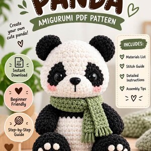 Könnte beinhalten: Eine Häkelanleitung für einen Panda-Amigurumi als PDF mit einem weiß-schwarzen Stoffpanda, der einen grünen Schal trägt. Der Text lautet CROCHET PANDA AMIGURUMI PDF PATTERN, Instant Download, Includes Materials List, Stitch Guide, Detailed Instructions, Assembly Tips.