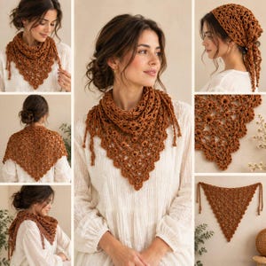 May include: A rust-coloured triangular crochet scarf featuring an intricate openwork pattern with a scalloped edge and thin ties at the corners. The accessory is shown worn as a neck scarf and as a head covering, displaying the detailed yarn texture.
