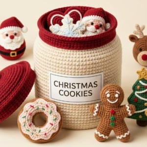 May include: A beige crochet jar with a red rim and a label reading CHRISTMAS COOKIES, accompanied by a red lid and several small crochet ornaments including a Santa Claus, a reindeer, a gingerbread person, a donut, a tree, and a star.