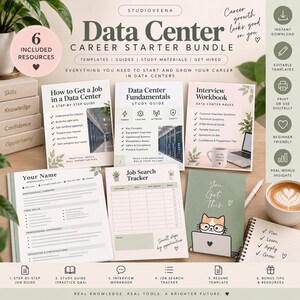 May include: A digital career starter bundle for data centers featuring a resume template, job search tracker, interview workbook, and study guides. The set includes printed documents with text, checklists, and a graphic of a cat using a laptop.