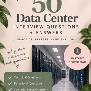 May include: A digital document titled 50 Data Center Interview Questions + Answers by Studioveena. It features a photograph of a server room, a pink circular instant download icon, and a green list of contents including technical and behavioral questions.
