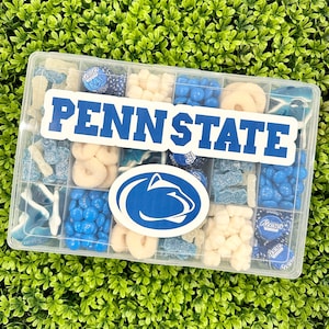 May include: A clear plastic container filled with blue and white candies. The container has a blue and white Penn State logo on the front. The candies are arranged in a grid pattern.