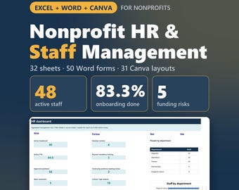 Nonprofit HR Staff Management Spreadsheet, Recruitment, Onboarding, Reviews and Funding Continuity Toolkit