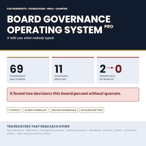 Board Governance System Non Profit | Excel Skills Matrix, Risk Register, Policy & Meeting Tracker for Nonprofits