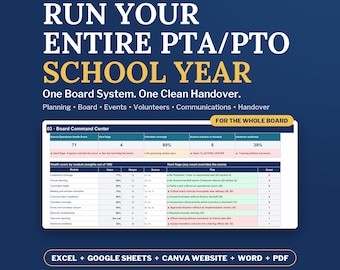 PTA PTO Board Binder, Excel Google Sheets School Year Planner, Volunteer & Event Tracker, Canva Website, Officer Handover Kit