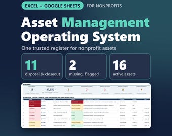 Asset Management OS Pro Non Profit | Excel and Google Sheets Asset Register, Equipment Tracker & Grant Closeout for Nonprofits