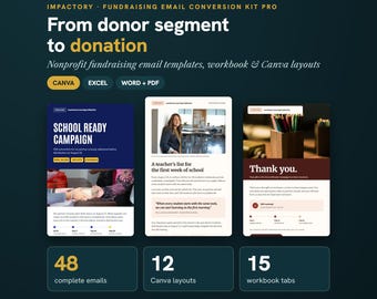 Nonprofit Fundraising Email Templates, Canva + Excel | 48 Donor Appeal Emails, Segmentation Workbook, Thank You & Stewardship Kit for NGO