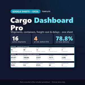 Może przedstawiać: Cyfrowy szablon Cargo Dashboard Pro dla Google Sheets i Excel. Interfejs wyświetla wskaźniki dla aktywnych przesyłek, pozycji zagrożonych i procentów terminowych dostaw, wraz ze szczegółowymi tabelami dotyczącymi operacji, danych handlowych i gotowości.