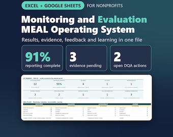 Monitoring and Evaluation OS Pro Non Profit | Excel and Google Sheets MEAL Indicator Tracker, Data Quality & Learning for Nonprofits