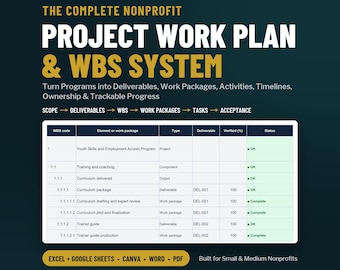 Nonprofit Project Work Plan & WBS Template, Excel Google Sheets Canva Word PDF, Deliverables, Work Packages, Gantt, RACI, Acceptance