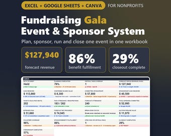 Fundraising Gala Planner Excel & Google Sheets + Canva, Nonprofit Event Planning System, Sponsors, Tickets, Seating, Auction, Run of Show