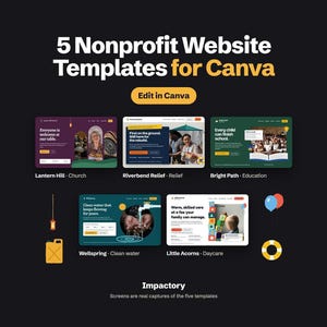 Puede incluir: Un gráfico digital que muestra 5 plantillas de sitios web para organizaciones sin fines de lucro para Canva. El diseño presenta cinco diseños de interfaz de sitio web distintos etiquetados como Lantern Hill, Riverbend Relief, Bright Path, Wellspring y Little Acorns.