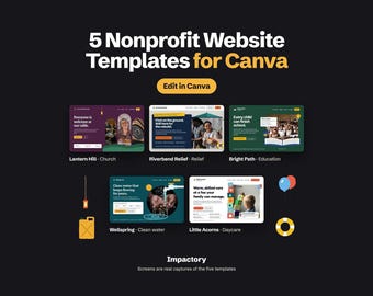 Canva Website Template Bundle for Nonprofits, 5 Charity Websites: Church, Disaster Relief, School, Clean Water, Daycare, NGO, Non Profit