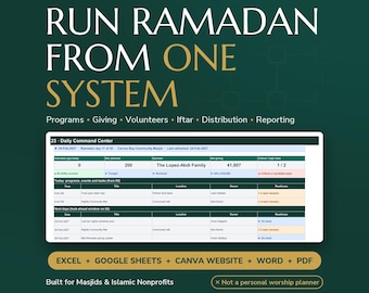 Ramadan Planner for Mosque, Masjid Operations Excel & Google Sheets, Iftar Sponsor Tracker, Volunteer Schedule, Canva Website Kit