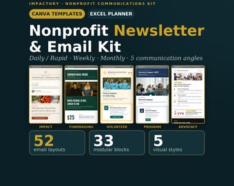 非営利団体向けニュースレターテンプレート Canva、チャリティメールキット：資金調達、ボランティア、寄付者、擁護活動のレイアウト + 非営利団体向けプランナー