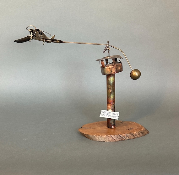 1975 Signed Jim Hacker Kinetic Balance Sculpture, Control Tower Stay Clear, Mid Century Aviation Desk Art, Copper Brass 