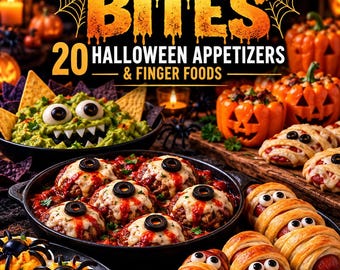 Può includere: Una copertina di un libro di cucina intitolata Yaz Pantry Spooky Bites 20 Halloween Appetizers & Finger Foods con un assortimento di snack a tema, tra cui guacamole, polpette, wurstel mummificati e uova ripiene decorate.