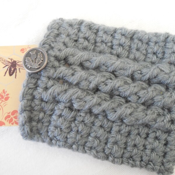 Gray Gift Card Holder with Thistle Button, Pretty Business Card Holder, Crochet Credit Card Sleeve, Handmade ID Case, Christmas, Cable