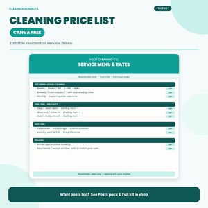 May include: A digital cleaning price list template featuring a teal and white color scheme. The document includes sections for recurring house cleaning, one-time specialty services, add-ons, and policies, with editable text fields for service rates.