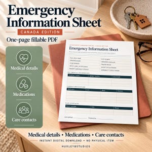 May include: A white fillable PDF emergency information sheet for Canada, featuring sections for medical details, medications, and care contacts. The document includes fields for personal data, health history, and emergency contacts in a clean layout.